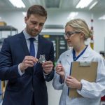 A business professional and a laboratory technician are inspecting a device or tool in a laboratory setting. The business professional is holding the tool, while the technician is taking notes, with a clipboard in hand, surrounded by lab equipment on a workbench.