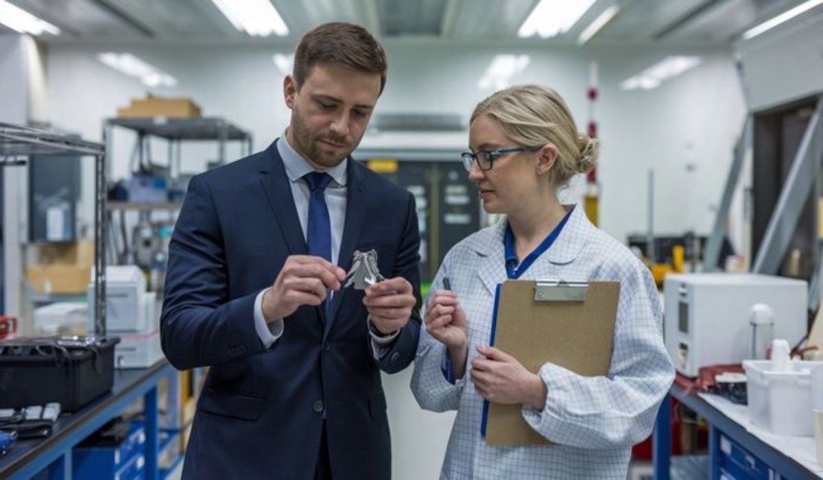 A business professional and a laboratory technician are inspecting a device or tool in a laboratory setting. The business professional is holding the tool, while the technician is taking notes, with a clipboard in hand, surrounded by lab equipment on a workbench.