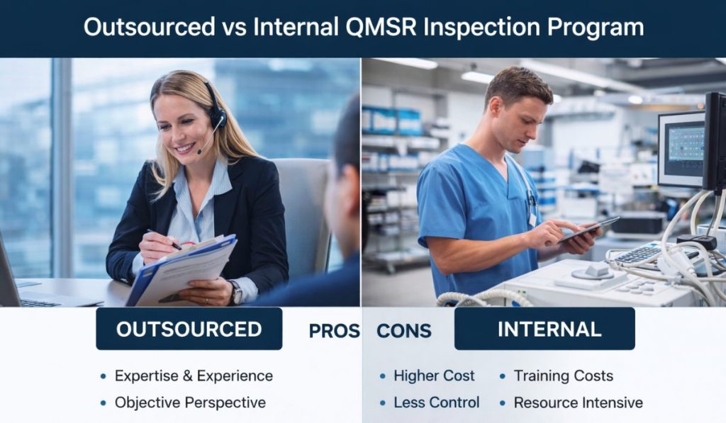 Comparison between outsourced and internal Quality Management System Requirements (QMSR) inspection programs, showing a professional woman in an office and a man in medical scrubs in a healthcare setting.