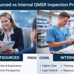 Comparison between outsourced and internal Quality Management System Requirements (QMSR) inspection programs, showing a professional woman in an office and a man in medical scrubs in a healthcare setting.