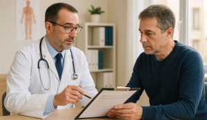 A professional doctor or compliance auditor explaining regulatory documentation and QMSR audit readiness requirements to a medical device manufacturer representative.