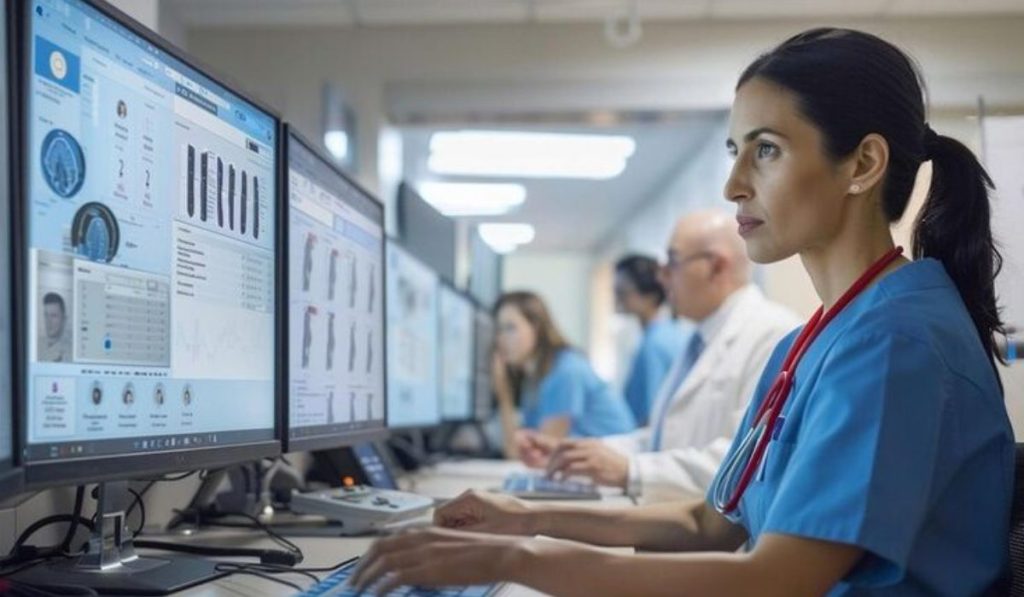 A medical professional is reviewing digital data on multiple computer screens, focusing on medical imaging and patient records in a modern healthcare setting.