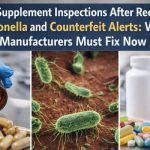 A composite image illustrating dietary supplement inspections after recent FDA Salmonella and counterfeit alerts, with a blue-gloved hand pouring capsules from an amber bottle, magnified Salmonella bacteria in the center, and white supplement bottles alongside colorful pills on the right.