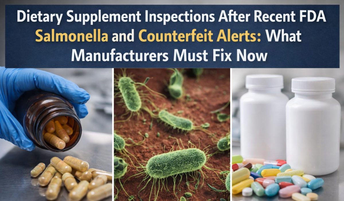 A composite image illustrating dietary supplement inspections after recent FDA Salmonella and counterfeit alerts, with a blue-gloved hand pouring capsules from an amber bottle, magnified Salmonella bacteria in the center, and white supplement bottles alongside colorful pills on the right.