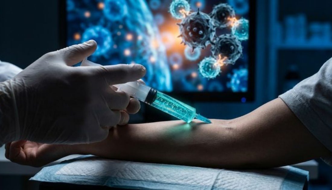 Gloved medical professional holding a syringe near a patient’s arm with a digital virus illustration on a screen in the background.