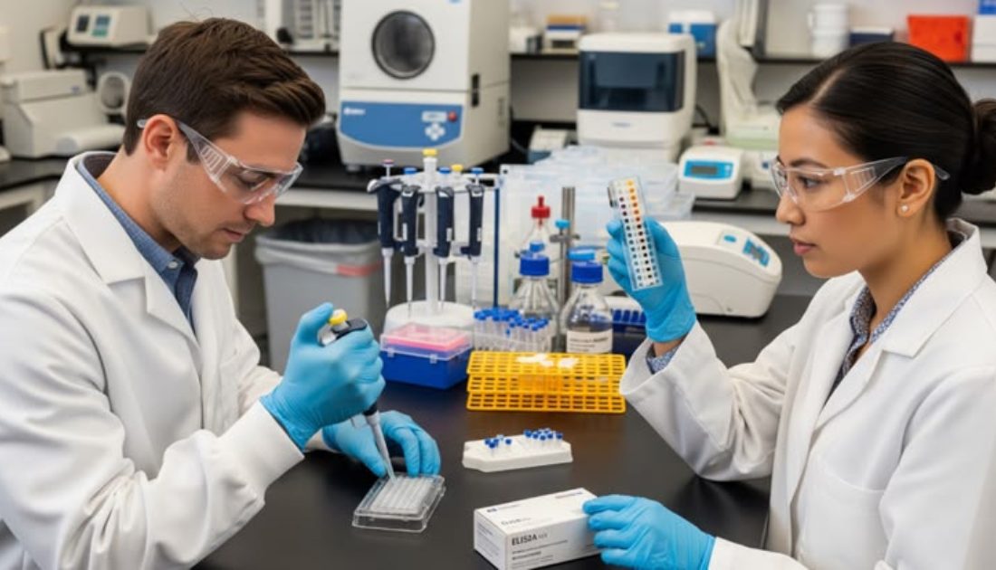 Lab scientists wearing safety goggles and gloves conducting a test with a pipette and sample tray in a pharmaceutical laboratory.