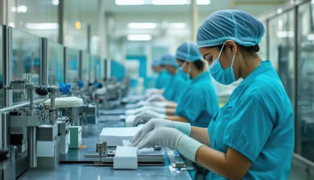 Manufacturing workers in masks and hairnets operating a clean production line in a cosmetic or pharmaceutical facility.