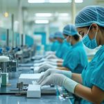 Manufacturing workers in masks and hairnets operating a clean production line in a cosmetic or pharmaceutical facility.