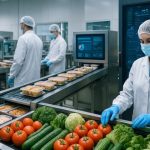 Food quality control workers in lab coats and masks inspecting packaged meals and fresh produce on a processing line with quality control screens.