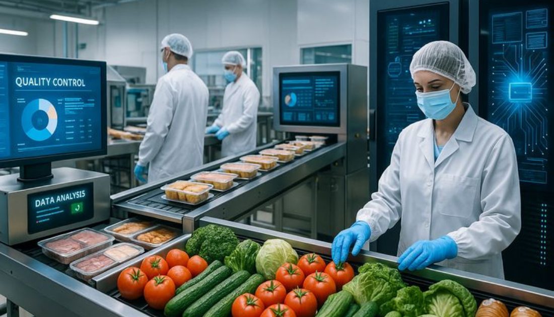 Food quality control workers in lab coats and masks inspecting packaged meals and fresh produce on a processing line with quality control screens.