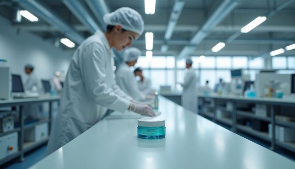 Quality control technician in a lab coat and hairnet reviewing a cosmetic jar in a laboratory, with product packaging on a clean workbench.