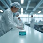 Quality control technician in a lab coat and hairnet reviewing a cosmetic jar in a laboratory, with product packaging on a clean workbench.
