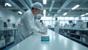 Quality control technician in a lab coat and hairnet reviewing a cosmetic jar in a laboratory, with product packaging on a clean workbench.