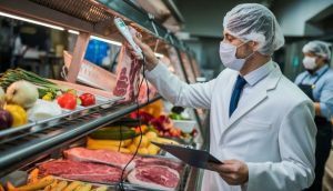Food safety inspector in a lab coat and hairnet checking meat temperature with a probe in a refrigerated display while holding a clipboard.