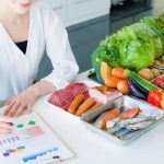 Food compliance professional reviewing inspection notes beside assorted fresh produce and packaged meats on a kitchen counter.