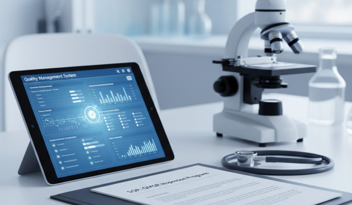 QMSR inspection program SOP sample documentation with digital QMS dashboard and medical equipment.