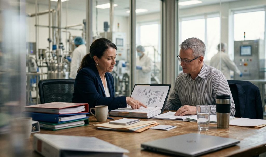 Two professionals in business attire sit at a wooden desk in a pharmaceutical lab office, reviewing a binder of technical diagrams.