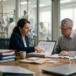 Two professionals in business attire sit at a wooden desk in a pharmaceutical lab office, reviewing a binder of technical diagrams.
