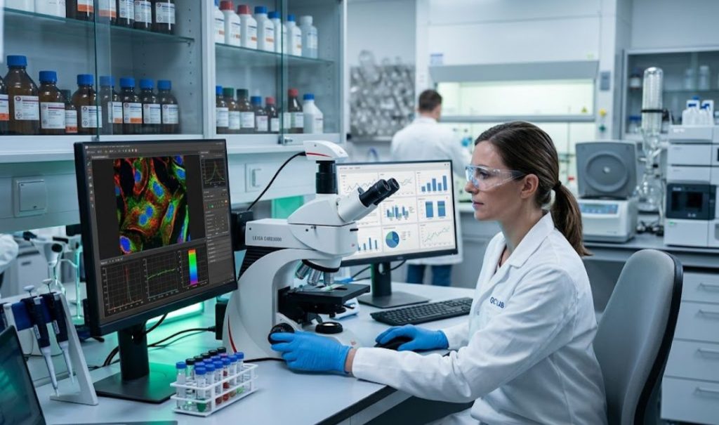 A female scientist in a lab coat and blue gloves adjusts a digital microscope in a high-tech lab. Dual monitors display colorful cellular imaging and data charts in a bright clinical setting.