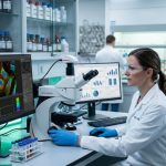 A female scientist in a lab coat and blue gloves adjusts a digital microscope in a high-tech lab. Dual monitors display colorful cellular imaging and data charts in a bright clinical setting.