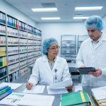 A senior female auditor and junior male auditor in white lab coats and hairnets review paper records and a digital tablet at a stainless steel table in a pharmaceutical filing room.
