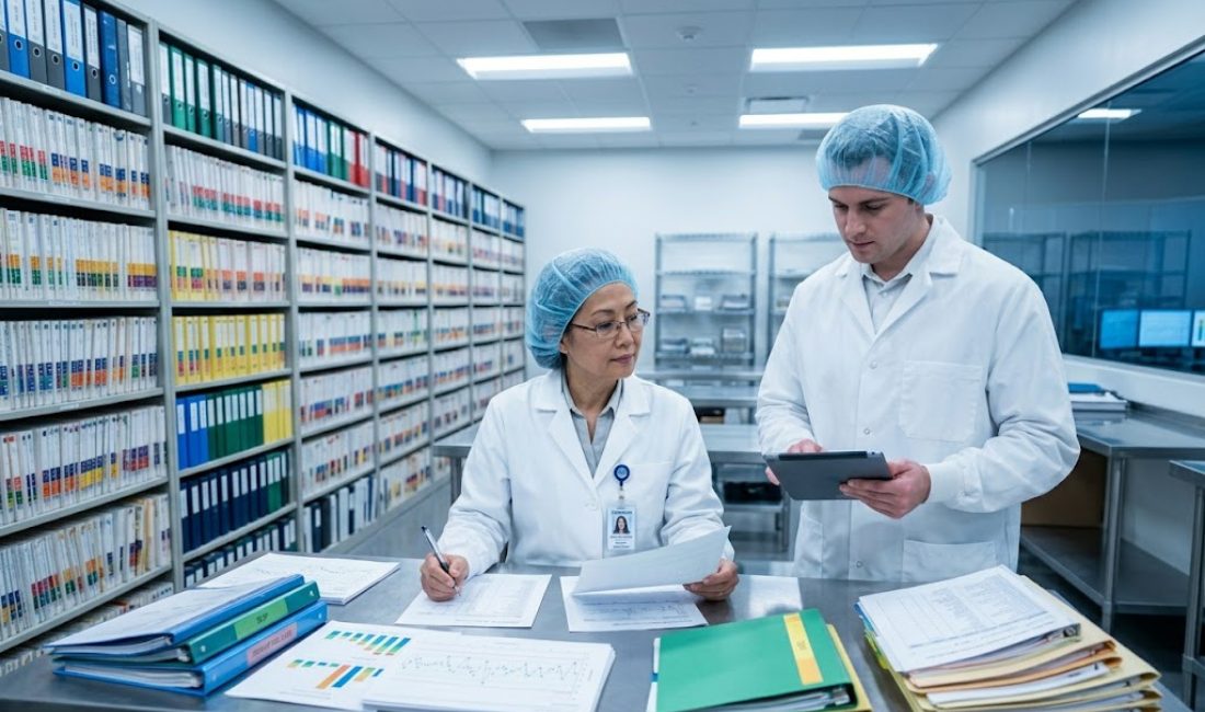 A senior female auditor and junior male auditor in white lab coats and hairnets review paper records and a digital tablet at a stainless steel table in a pharmaceutical filing room.