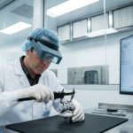 A male quality inspector in a white lab coat and magnifying visor uses a digital caliper to measure a polished titanium knee implant on a stainless steel bench in a sterile, bright cleanroom.