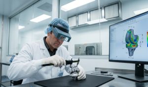 A male quality inspector in a white lab coat and magnifying visor uses a digital caliper to measure a polished titanium knee implant on a stainless steel bench in a sterile, bright cleanroom.