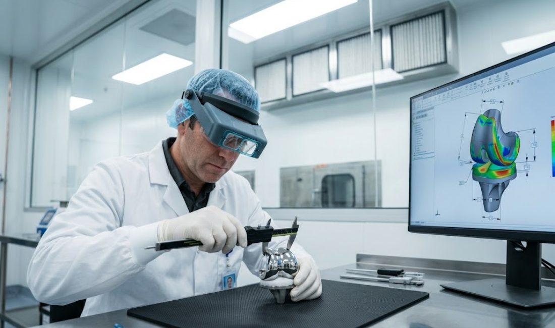 A male quality inspector in a white lab coat and magnifying visor uses a digital caliper to measure a polished titanium knee implant on a stainless steel bench in a sterile, bright cleanroom.