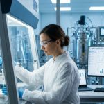A female scientist in a sterile gown and blue gloves pipettes a sample inside a safety cabinet. A monitor shows protein data charts with a blurred bioreactor suite visible in the background.