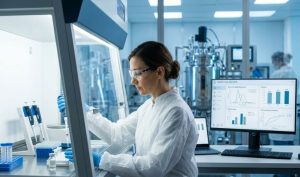 A female scientist in a sterile gown and blue gloves pipettes a sample inside a safety cabinet. A monitor shows protein data charts with a blurred bioreactor suite visible in the background.