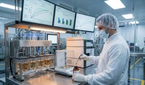 A male QC analyst in a lab coat and mask uses forceps to sample a softgel at a stainless steel workstation featuring a dissolution tester, analytical balance, and monitors with data charts.