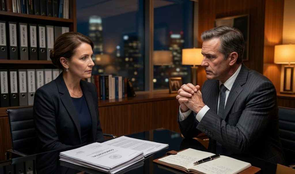 A senior QA director and male legal counsel in formal suits engage in a serious discussion at a black desk in a sleek office, featuring regulatory binders and a city skyline in the background.