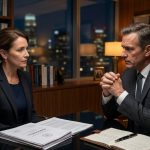 A senior QA director and male legal counsel in formal suits engage in a serious discussion at a black desk in a sleek office, featuring regulatory binders and a city skyline in the background.
