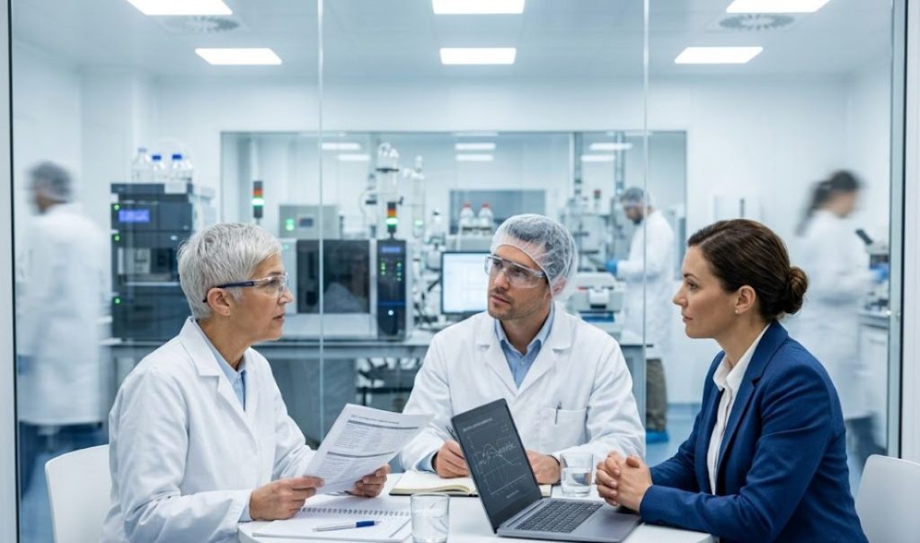 A senior female auditor in a lab coat and goggles questions a QC analyst and a manager at a table. A blurred laboratory is visible through a glass window in the background.