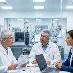 A senior female auditor in a lab coat and goggles questions a QC analyst and a manager at a table. A blurred laboratory is visible through a glass window in the background.