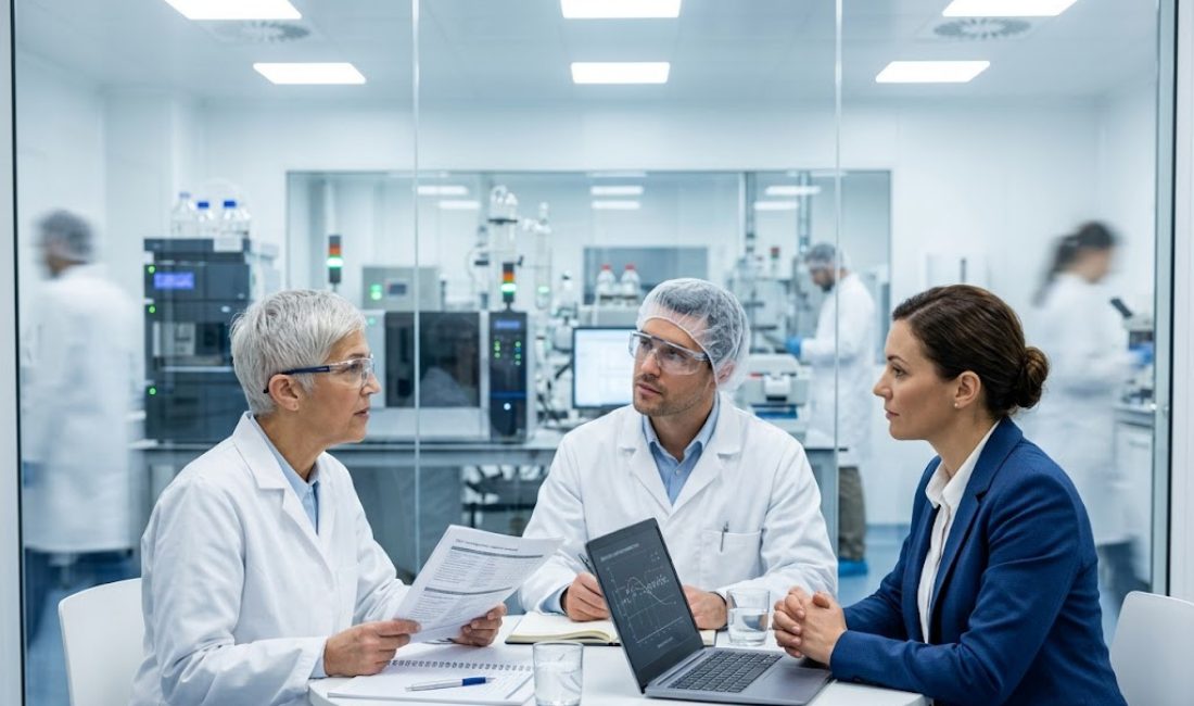 A senior female auditor in a lab coat and goggles questions a QC analyst and a manager at a table. A blurred laboratory is visible through a glass window in the background.
