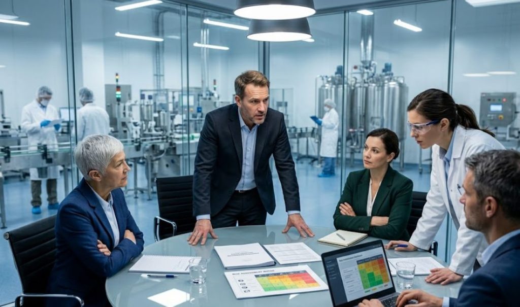 Five corporate and lab professionals meet around a glass table in a modern, glass-walled factory. A manager stands to speak while colleagues look on. In the blurred background, lab workers and large stainless steel tanks are visible.