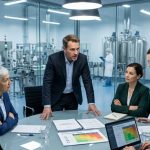 Five corporate and lab professionals meet around a glass table in a modern, glass-walled factory. A manager stands to speak while colleagues look on. In the blurred background, lab workers and large stainless steel tanks are visible.