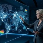 A female regulatory specialist in a charcoal blazer interacts with a large transparent holographic display showing a glowing 3D global network and data charts in a darkened, modern office.