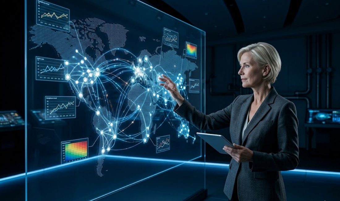 A female regulatory specialist in a charcoal blazer interacts with a large transparent holographic display showing a glowing 3D global network and data charts in a darkened, modern office.