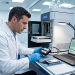 A male forensic auditor in a lab coat and blue gloves connects a forensic device to a hard drive in a lab. A laptop displays data progress next to a large analytical instrument and tools.