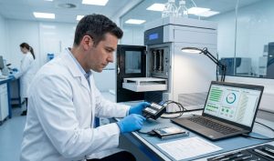 A male forensic auditor in a lab coat and blue gloves connects a forensic device to a hard drive in a lab. A laptop displays data progress next to a large analytical instrument and tools.