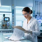 A female scientist in a white lab coat and safety glasses carefully reviewing a technical report on a clipboard in a modern, high-tech pharmaceutical laboratory.
