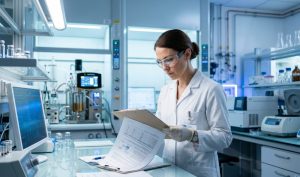 A female scientist in a white lab coat and safety glasses carefully reviewing a technical report on a clipboard in a modern, high-tech pharmaceutical laboratory.