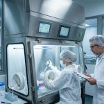 A female microbiologist in full sterile gown and gloves works inside a large glass-ported isolator, while a male supervisor in a white lab coat records data on a clipboard in a cleanroom.