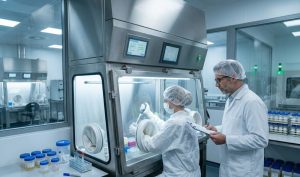 A female microbiologist in full sterile gown and gloves works inside a large glass-ported isolator, while a male supervisor in a white lab coat records data on a clipboard in a cleanroom.
