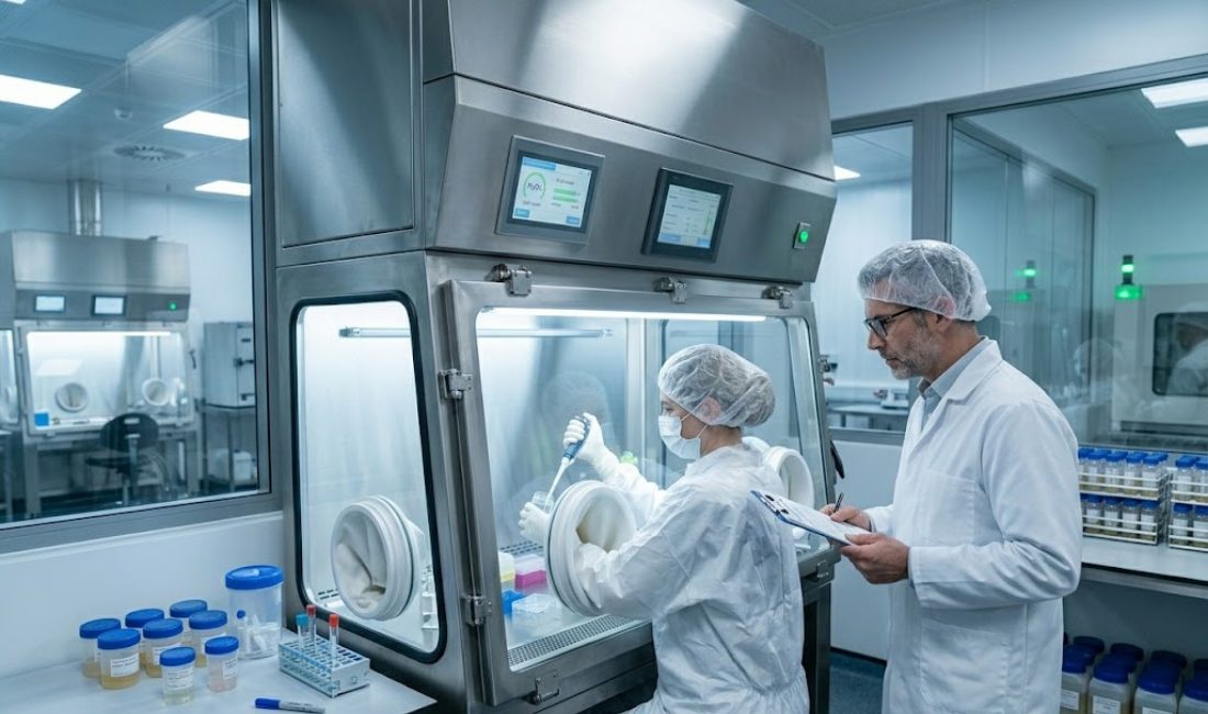 A female microbiologist in full sterile gown and gloves works inside a large glass-ported isolator, while a male supervisor in a white lab coat records data on a clipboard in a cleanroom.