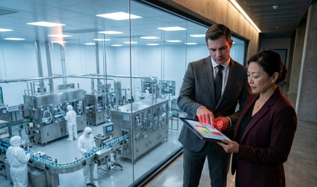A male executive in a charcoal suit and a female consultant in a burgundy blazer review a digital compliance dashboard on a tablet while overlooking a pharmaceutical sterile filling line.