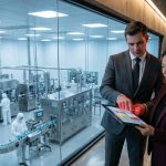 A male executive in a charcoal suit and a female consultant in a burgundy blazer review a digital compliance dashboard on a tablet while overlooking a pharmaceutical sterile filling line.